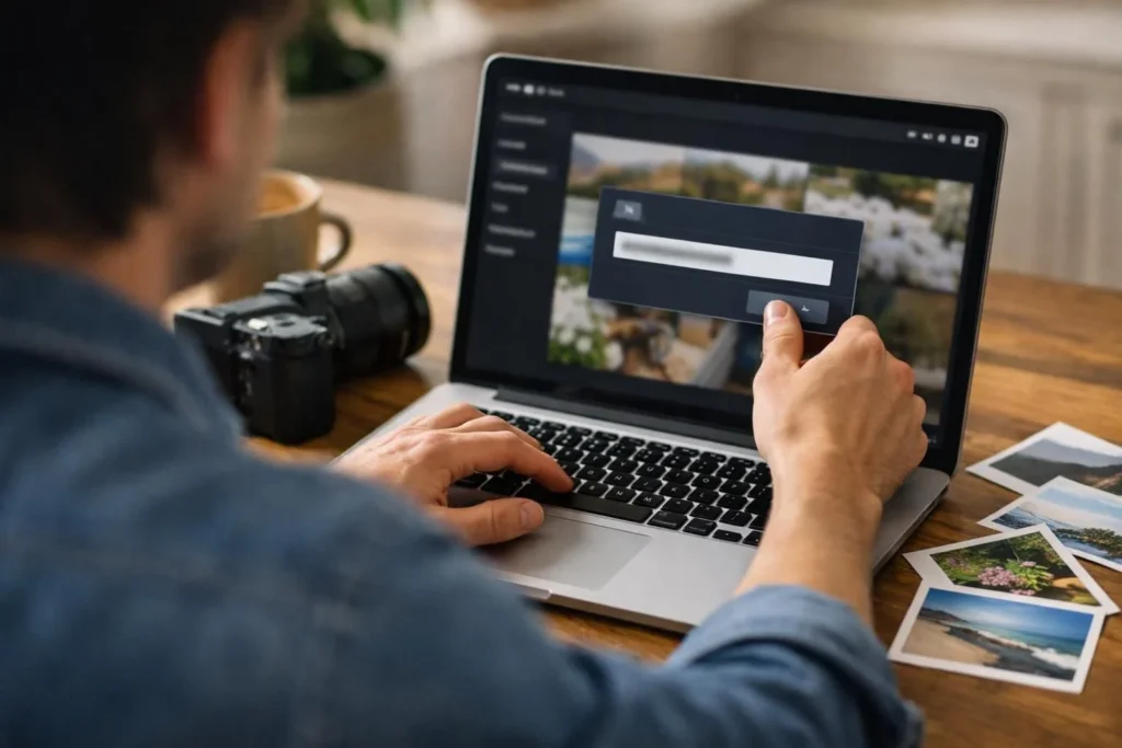 Person editing photos on laptop beside camera and prints