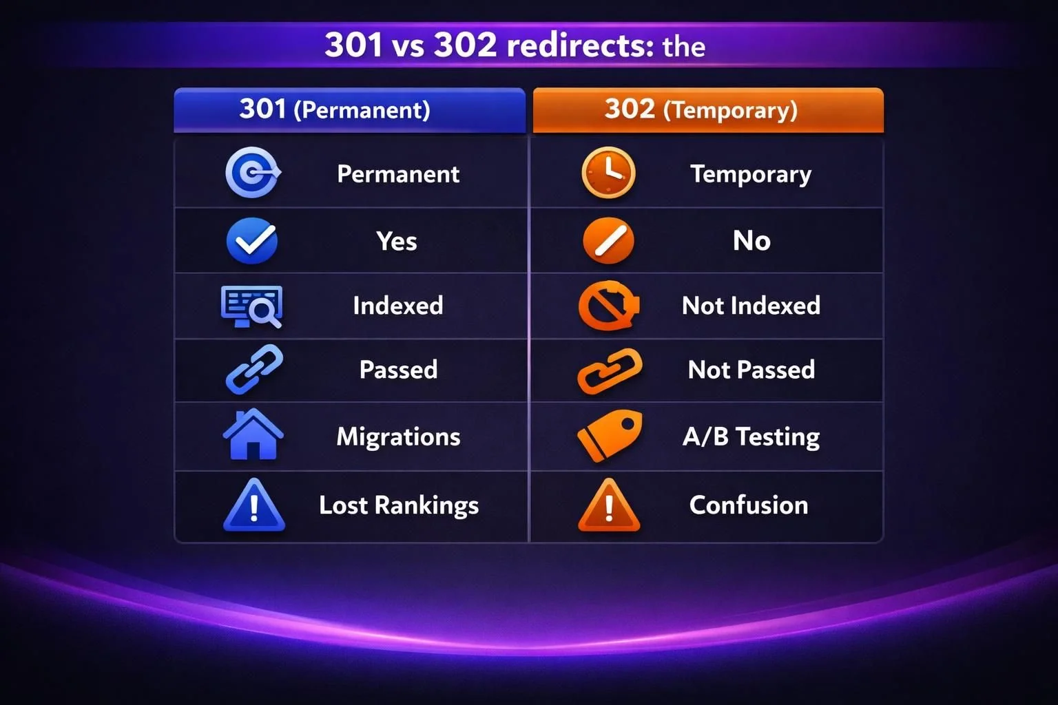 Comparison chart of 301 and 302 redirects, blue and orange