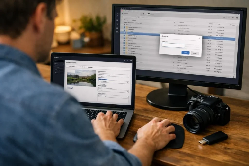 Person renaming file on computer screen beside laptop