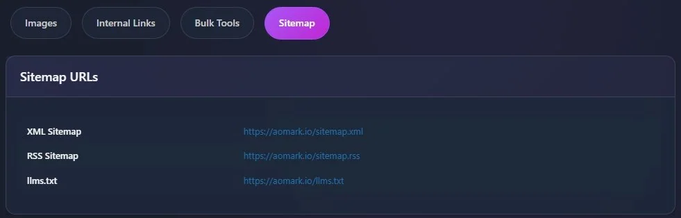 Sitemap tab showing XML, RSS, and llms.txt URLs
