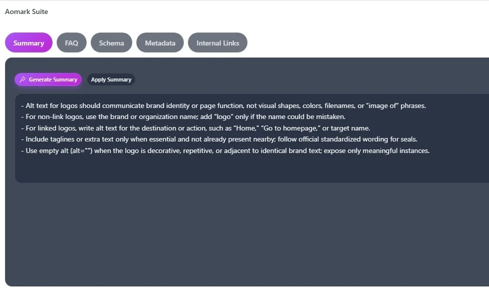 Aomark Suite Summary tab with Generate Summary button