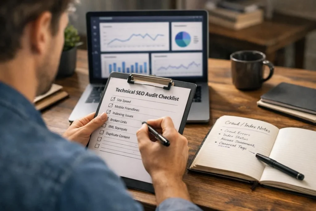 Person checking technical SEO audit checklist on clipboard