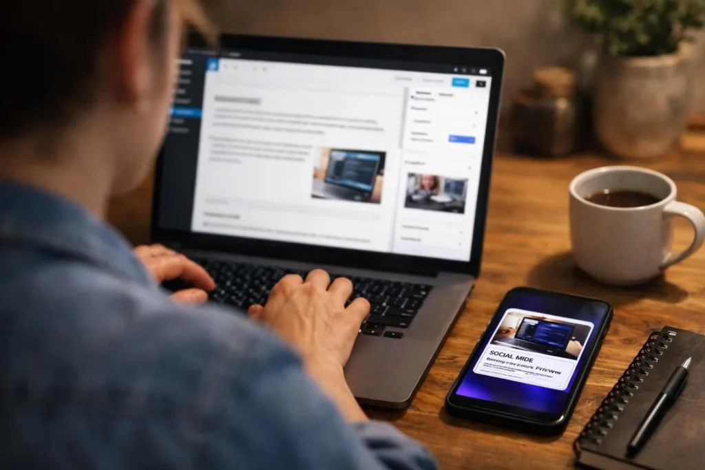 Person typing on laptop beside phone showing social media preview