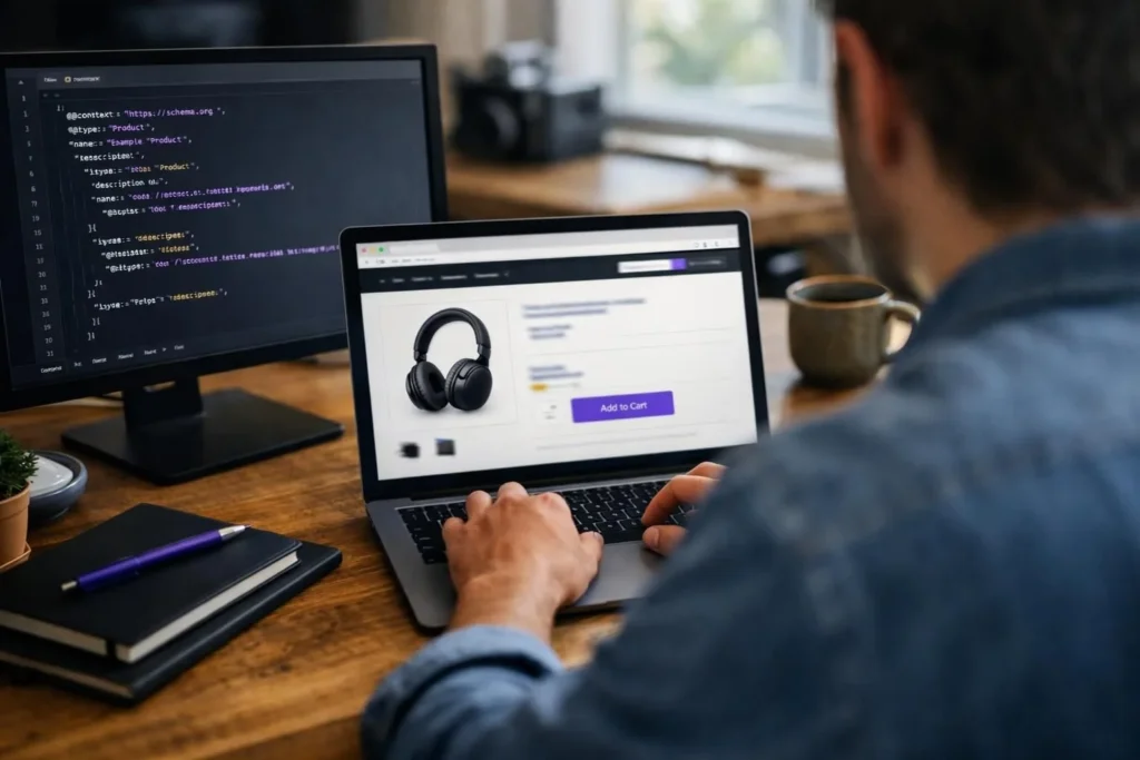 Person viewing headphones product page and JSON code on monitor