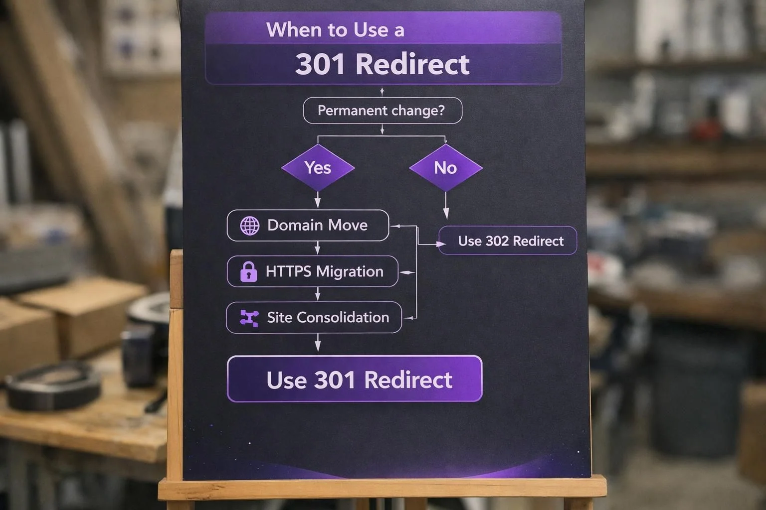 Poster flowchart showing when to use 301 redirect