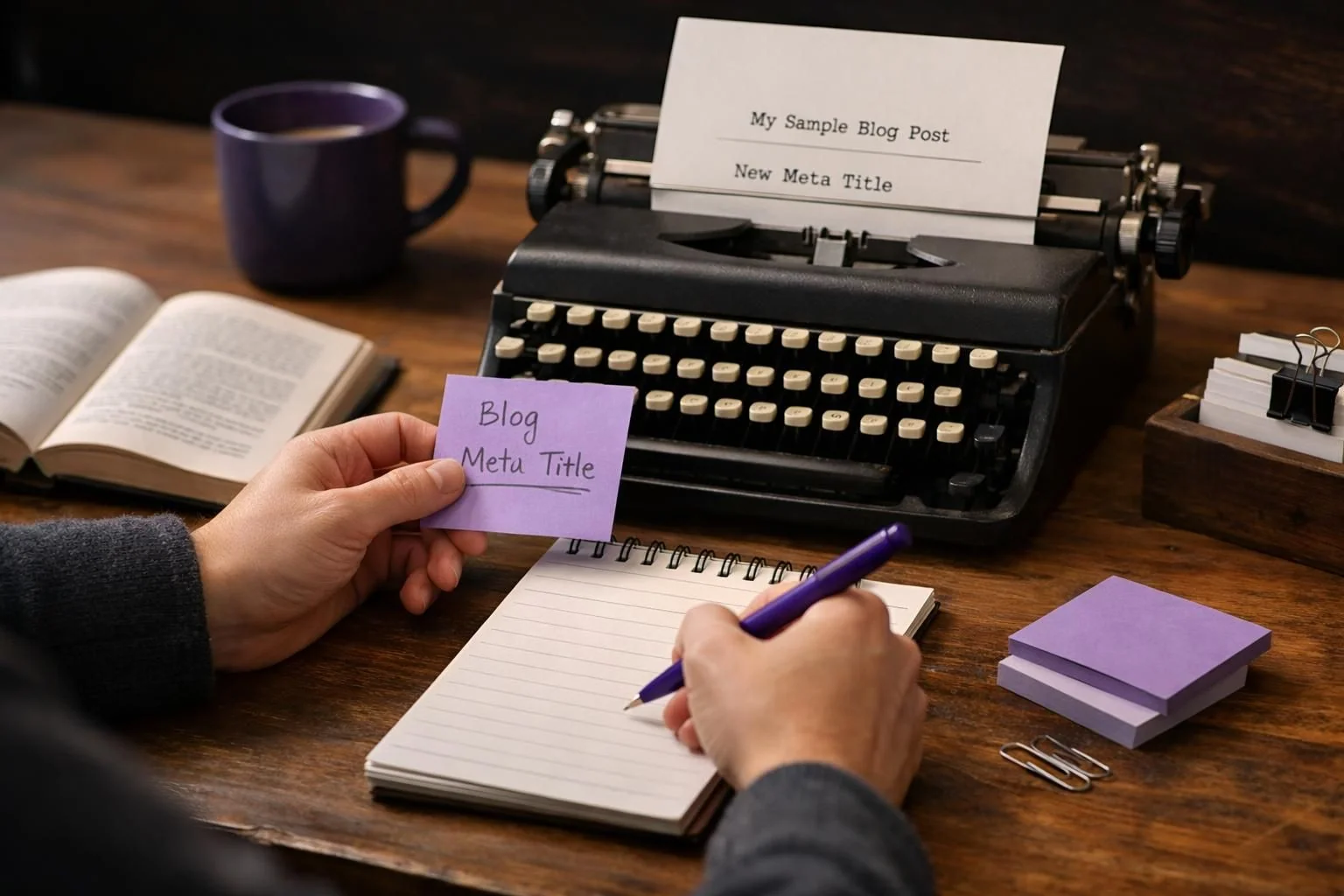 Hands holding blog meta title note beside typewriter