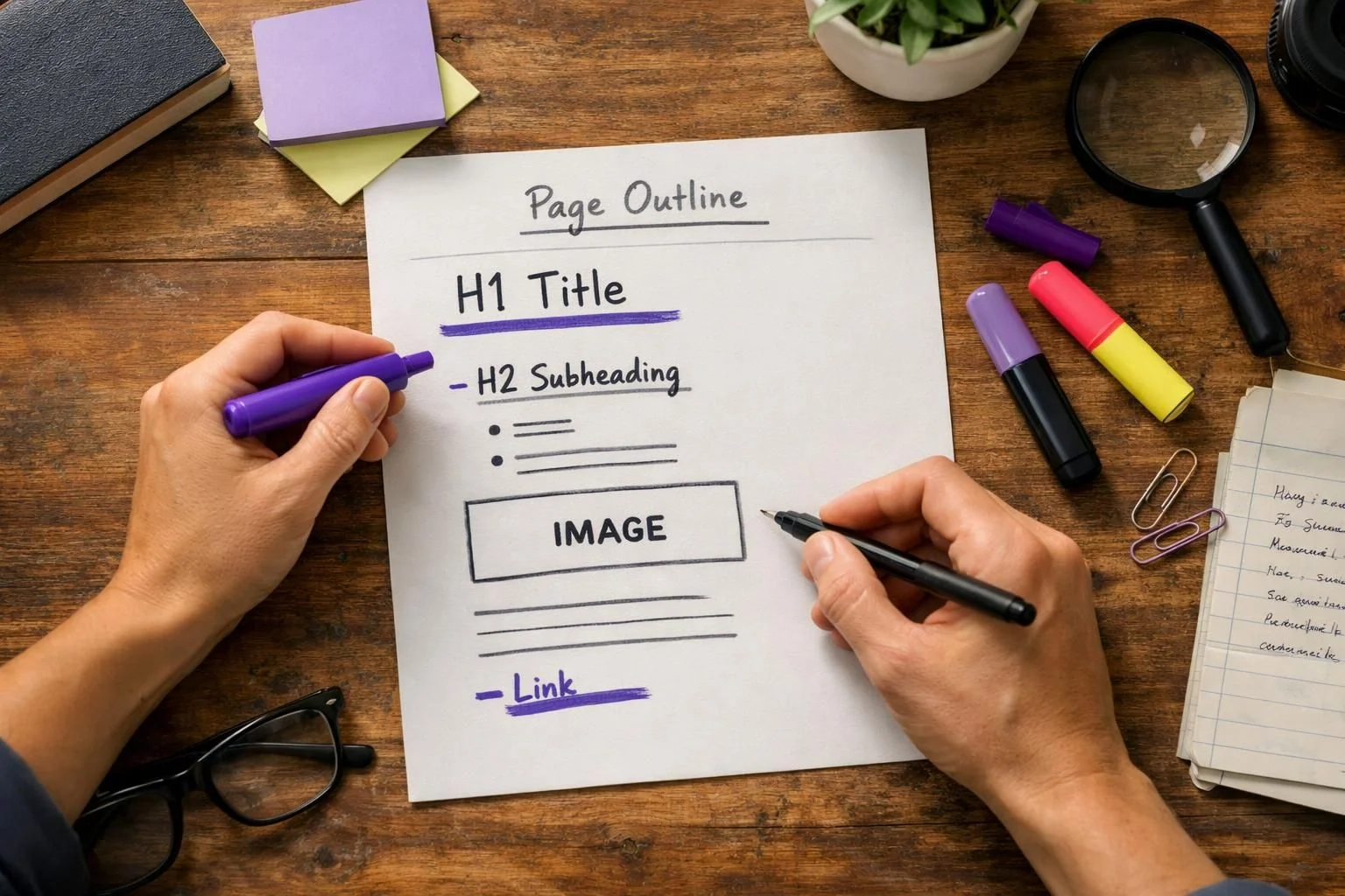 Hands sketching webpage outline with headings and image box