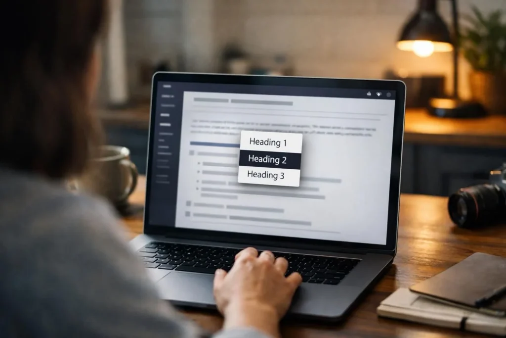 Person typing on laptop showing Heading 1, Heading 2, Heading 3 menu