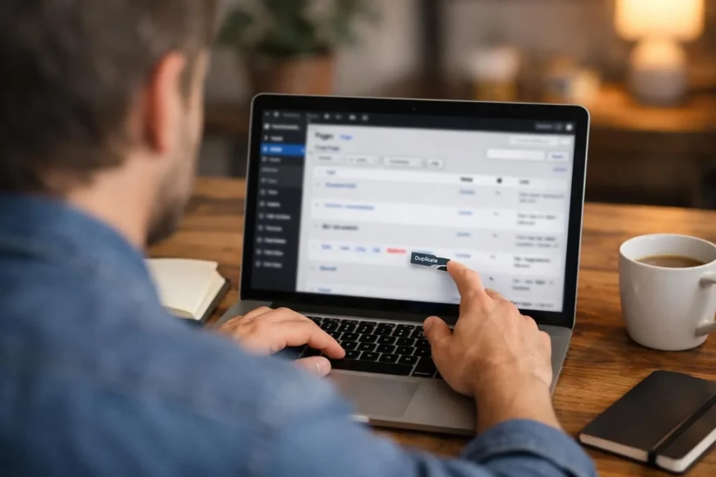 Person pointing at Duplicate button on laptop screen
