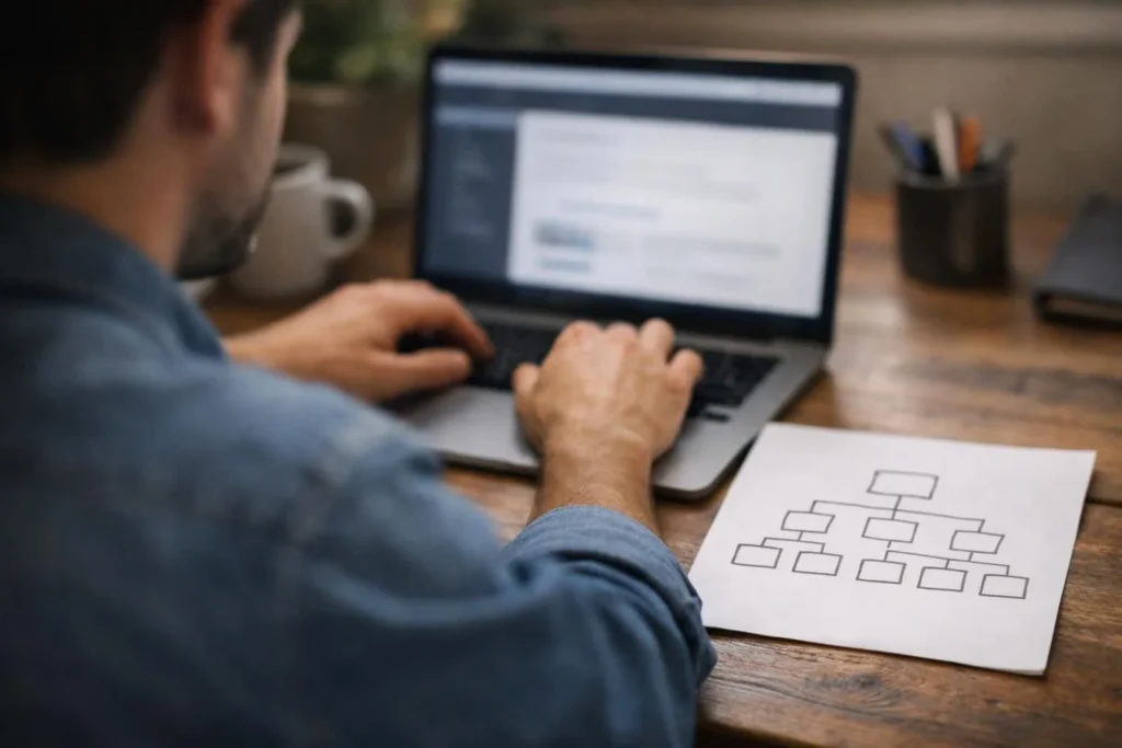 Person typing on laptop beside website flowchart diagram