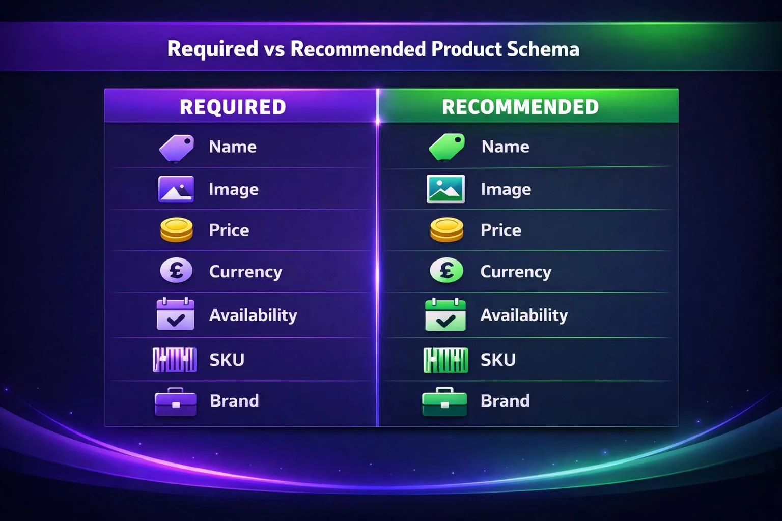 Required vs recommended product schema fields comparison chart