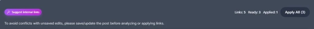 Internal links tool bar with Suggest internal links and Apply All buttons