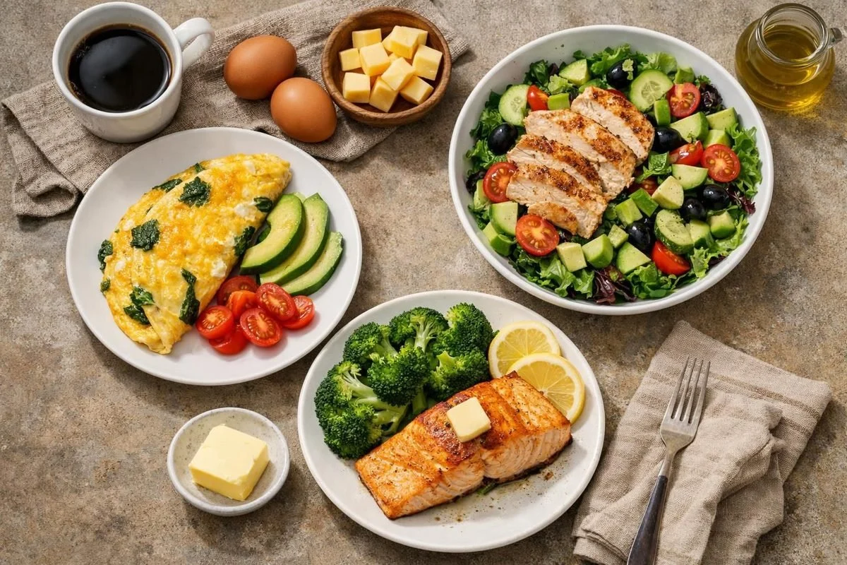 Keto meals with omelet, chicken salad, salmon and broccoli