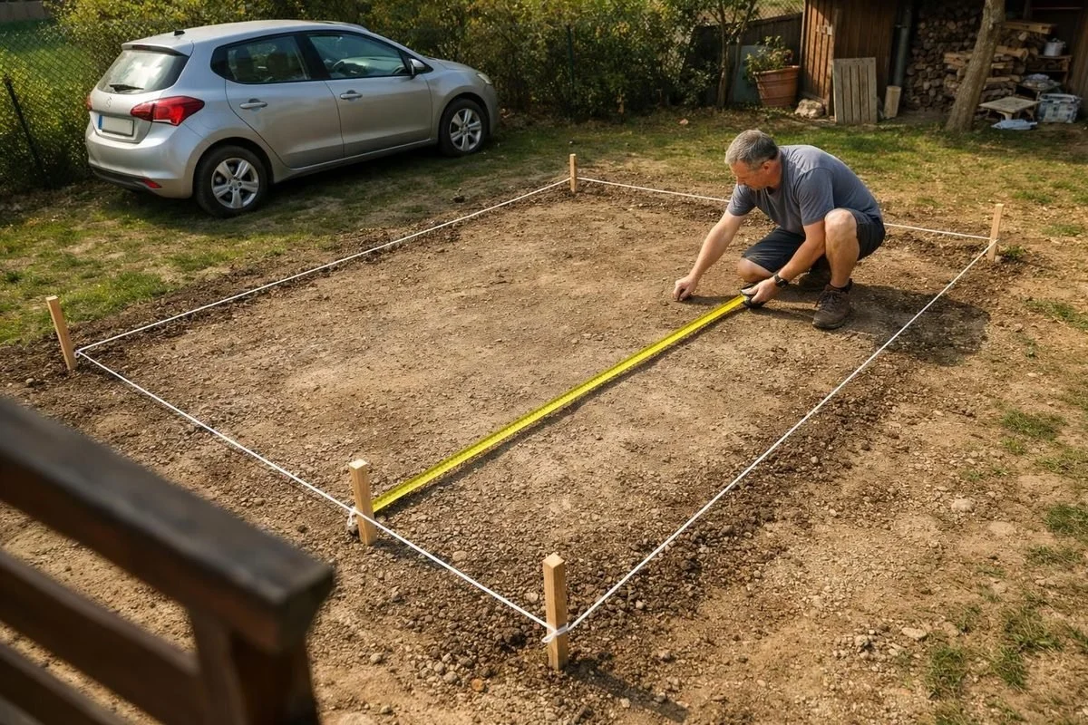 Man measuring a prepared plot for a prefabricated garage