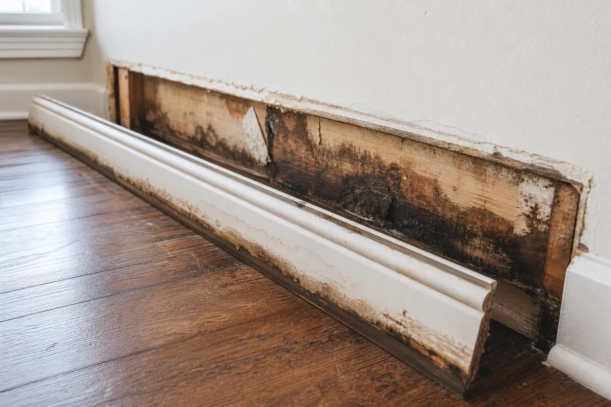 Removed baseboard exposing water-damaged wall