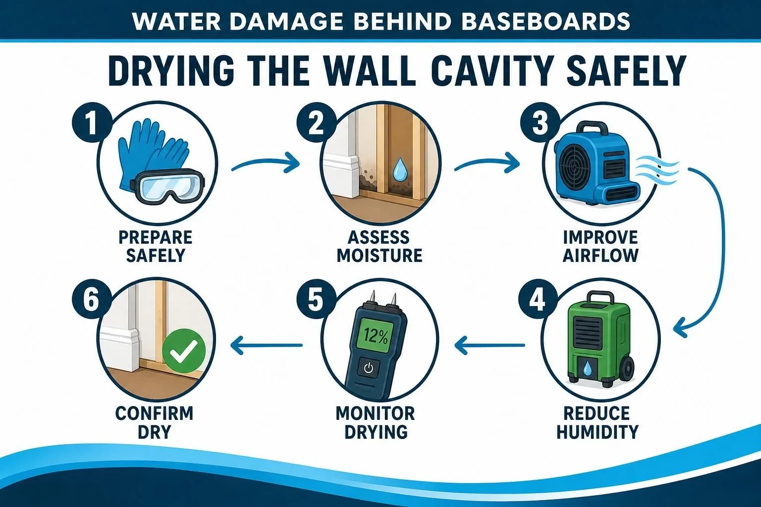 Infographic steps with gloves, moisture meter, fan, and dehumidifier