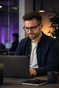 Man wearing glasses working on a laptop at a desk