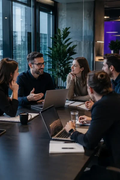 Five coworkers discussing around a laptop in a modern office