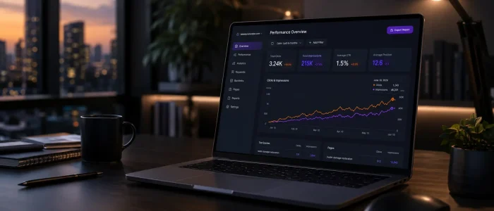 Laptop displaying a performance overview dashboard on a desk
