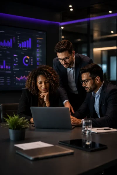 Three business people reviewing a laptop in a dark office