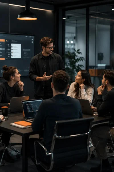 Team meeting with presenter and laptops in a dark office